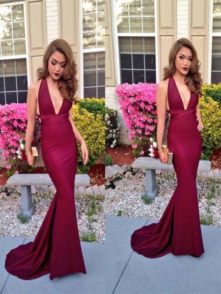 Custom Made Mermaid V Neck Backless Maroon Prom Dress, Burgundy Formal Dress, Evening Dress