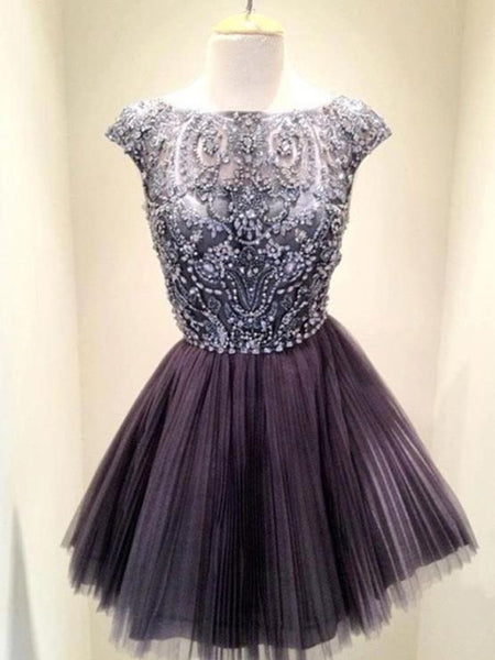 Short Grey Beaded Tull Prom Dresses, Short Grey Homecoming, Short GreyGraduation Dresses