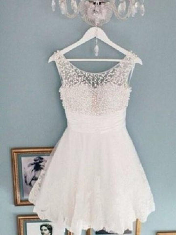 Round Neck White Short Lace Prom Dresses, White Short Lace Homecoming Dresses,White Short Lace Homecoming Dresses Graduation Dress