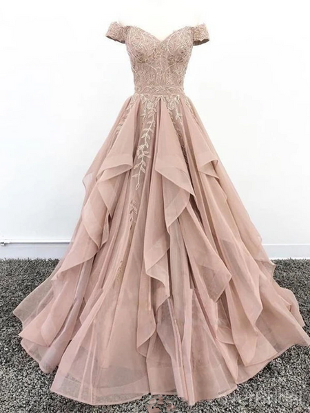 Off the Shoulder Champagne Lace Prom Dresses, Off Shoulder Champagne Lace Formal Evening Dresses