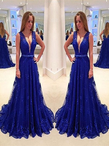 Royal Blue A Line V Neck Sweep Train Lace Prom Dress, Royal Blue Lace Formal Dress