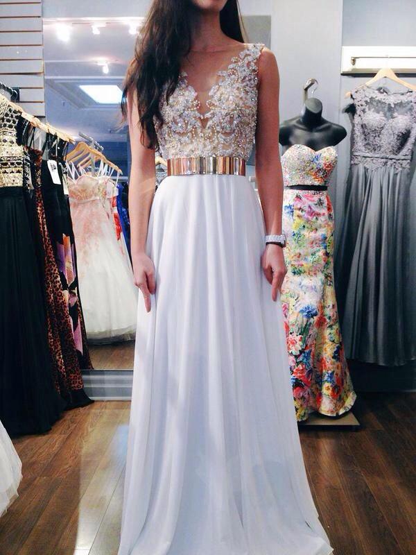 A Line Round Neck White Chiffon Prom Dress, Wedding Dress, Formal Dresses