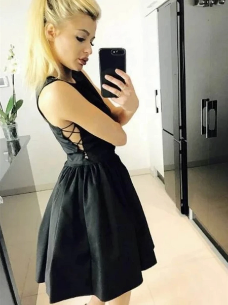 A Line Round Neck Short Black Satin Prom Dresses, Short Black Formal Homecoming Graduation Dresses