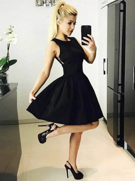 A Line Round Neck Short Black Satin Prom Dresses, Short Black Formal Homecoming Graduation Dresses