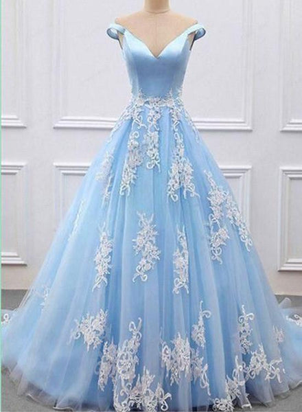 Off Shoulder Light Blue Prom Dress with Lace Applique, Prom Gown, Light Blue Formal Dress