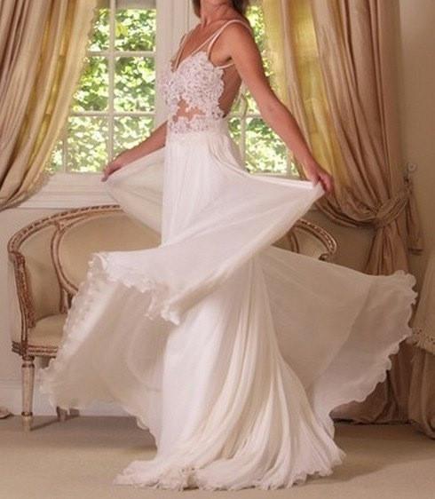 A Line Ivory Backless Lace Wedding Dresses, Backless Lace Prom Dresses