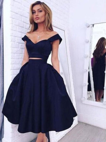 Custom Made Off Shoulder Short Navy Blue Prom Dresses, Short Navy Blue Graduation Dresses, Homecoming Dresses