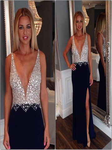 Custom Made A Line V Neck Black Long Prom Dress, Black Formal Dress