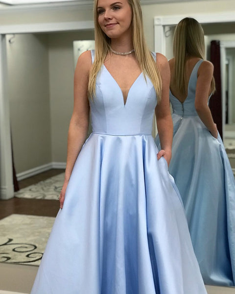 Simple A Line V Neck Sky Blue Long Satin Prom Dresses, Sky Blue Formal Evening Dresses With Pockets