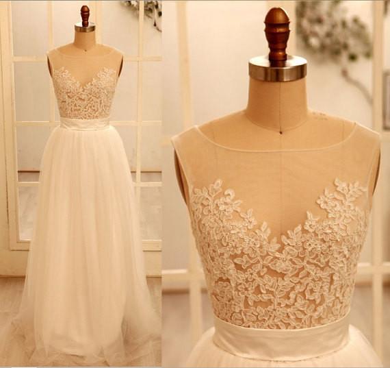 Custom Made A Line Round Necklace Lace Wedding Dresses, Deep V Neck Back Dress, Ivory Dresses For Wedding