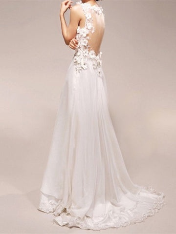 Custom Made A Line V Neck Court Train Long Wedding Dress, Long Lace Prom Dress, Formal Dress