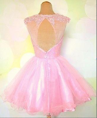 Round Neck Pink Short Lace Prom Dress, Pink Lace Homecoming/Graduation Dress