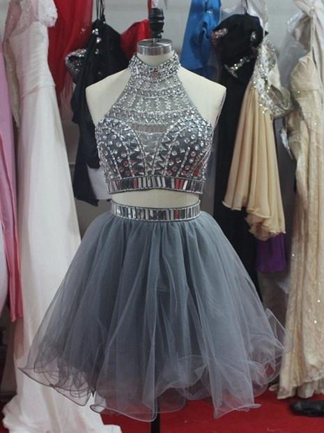 Short A Line Two Pieces Grey Prom Dresses, Short Homecoming/Graduation Dresses