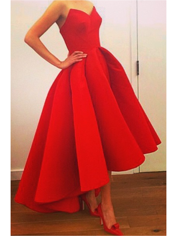 Strapless Red High Low Sweetheart Neck Prom Dress, Prom Gown, Red High Low Formal Dress