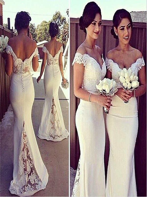 Custom Made White Mermaid Off Shoulder Lace Prom Dresses, Lace Formal Dresses, White Lace Bridesmaid Dresses