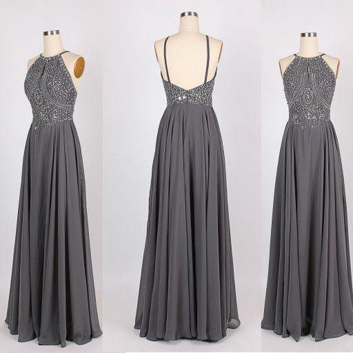 Custom Made A Line Grey/Gray Backless Chiffon Prom Dresses, Backless Bridesmaid Dresses, Wedding Party Dresses, Backless Evening Dresses