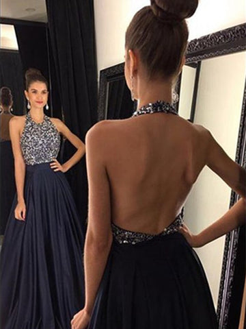 Custom Made A Line Halter Neck Black Backless Prom Dresses, Black Backless Formal Dresses