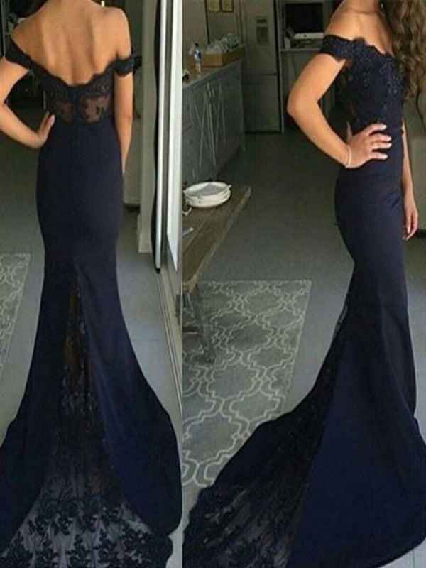 Custom Made Navy Blue Off Shoulder Lace Prom Dress, Navy Blue Lace Formal Dress, Navy Blue Lace Bridesmaid Dress