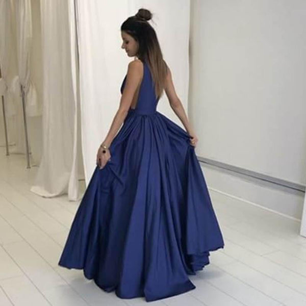 Custom Made A Line V Neck Deep Blue Sleeveless Long Prom Dresses, Deep Blue V Neck Formal Dresses