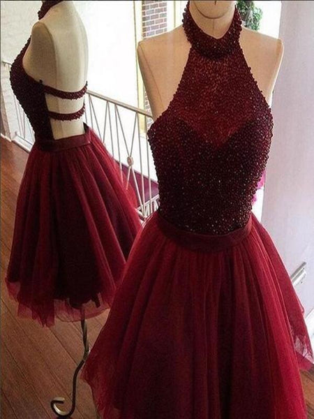 Custom Made Short Maroon Backless Prom Dresses, Short Maroon Graduation, Homecoming Dresses