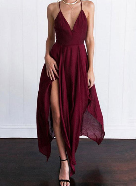 A Line V Neck Backless Long Maroon/Burgundy Prom Dresses, Backless Formal Dresses, Backless Maroon/Burgundy Bridesmaid Dresses