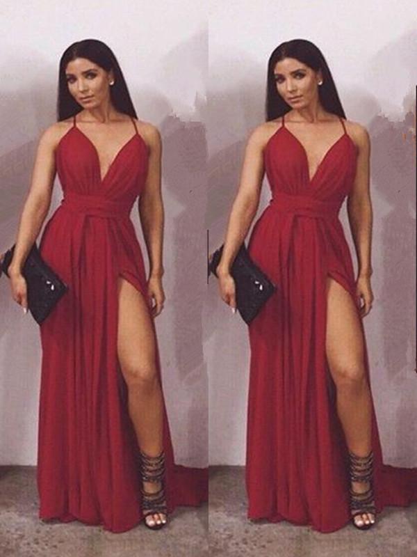 Custom Made A Line V Neck Burgundy Chiffon Prom Dresses with Slit, Burgundy Formal Dresses