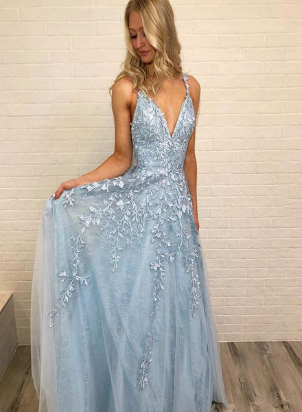 Sky Blue V Neck A Line Sleeveless Prom Dresses, Lace Formal Dresses