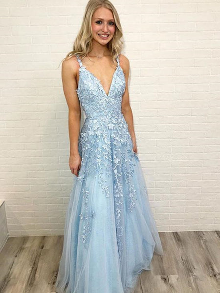 Sky Blue V Neck A Line Sleeveless Prom Dresses, Lace Formal Dresses